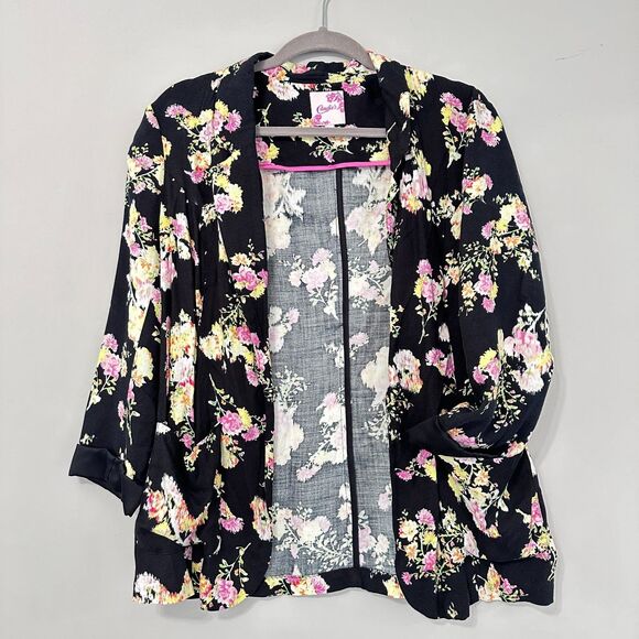 Candies Blazer Jrs Large Black Floral Open Front Unstructured Feminine Hipster - Picture 3 of 11